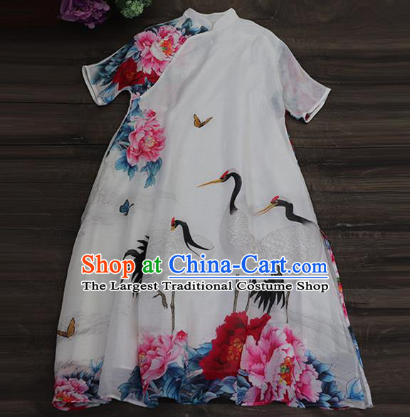 Chinese Traditional Tang Suit White Qipao Dress Woman Costume National Printing Crane Peony Cheongsam
