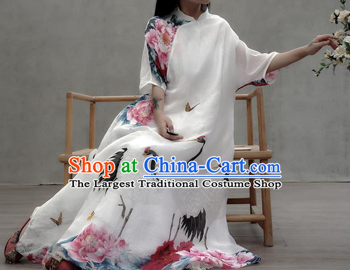 Chinese Traditional Tang Suit White Qipao Dress Woman Costume National Printing Crane Peony Cheongsam