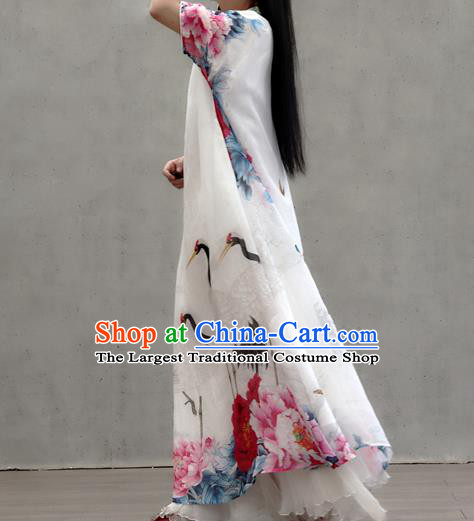 Chinese Traditional Tang Suit White Qipao Dress Woman Costume National Printing Crane Peony Cheongsam