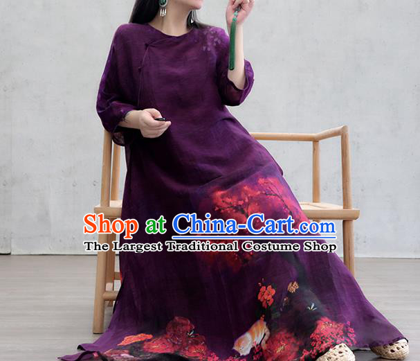 Chinese Traditional Printing Purple Qipao Dress Woman Costume National Slant Opening Cheongsam