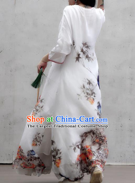 Chinese Traditional Slant Opening Qipao Dress Woman Costume National Printing White Cheongsam