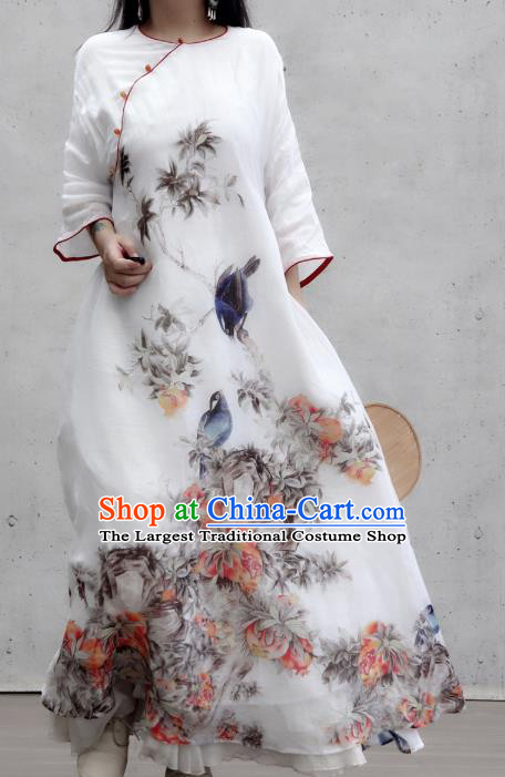 Chinese Traditional Slant Opening Qipao Dress Woman Costume National Printing White Cheongsam