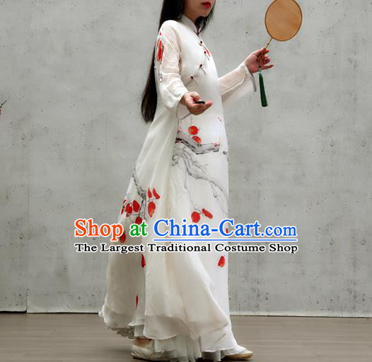 Chinese Traditional Stand Collar White Qipao Dress Woman Costume National Printing Red Leaf Cheongsam