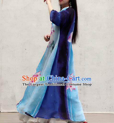 Chinese Traditional Tang Suit Qipao Dress Female Costume National Printing Lotus Blue Cheongsam
