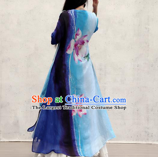 Chinese Traditional Tang Suit Qipao Dress Female Costume National Printing Lotus Blue Cheongsam