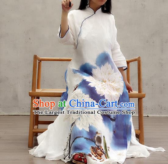 Chinese Traditional Ink Painting Lotus Qipao Dress Female Costume National Printing White Loose Cheongsam