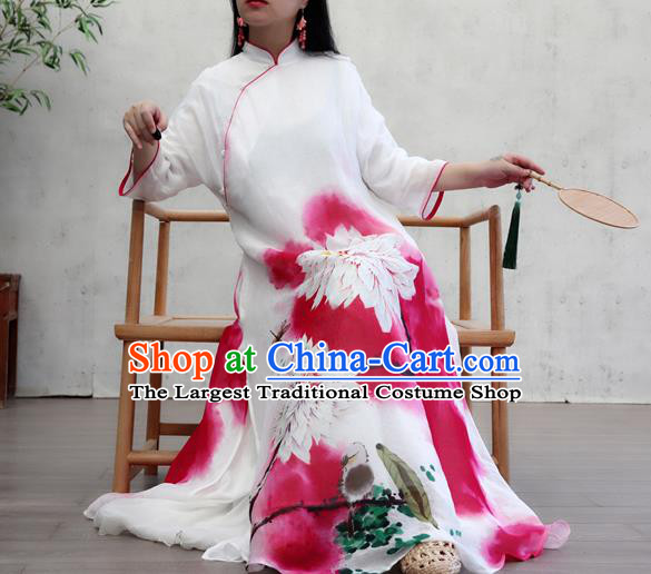 Chinese Female Costume National Printing Red Loose Cheongsam Traditional Ink Painting Lotus Qipao Dress