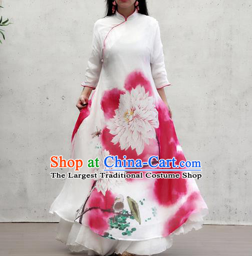 Chinese Female Costume National Printing Red Loose Cheongsam Traditional Ink Painting Lotus Qipao Dress