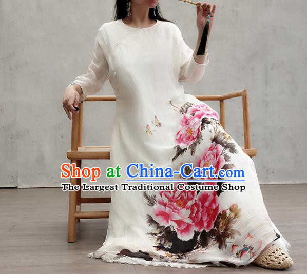 Chinese National White Loose Cheongsam Female Costume Traditional Ink Painting Peony Qipao Dress