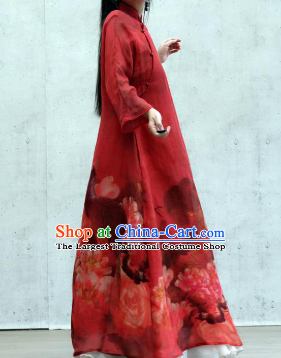 Chinese National Tang Suit Cheongsam Female Costume Traditional Printing Peacock Peony Red Qipao Dress