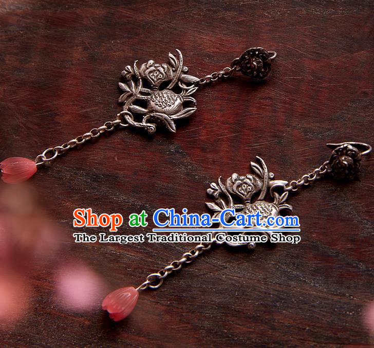 China Traditional Cheongsam Pink Mangnolia Earrings Handmade National Silver Ear Accessories