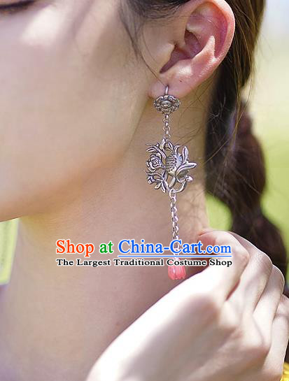 China Traditional Cheongsam Pink Mangnolia Earrings Handmade National Silver Ear Accessories