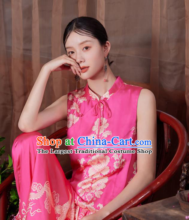 China National Printing Peony Vest Traditional Tang Suit Upper Outer Garment Pink Satin Waistcoat Clothing
