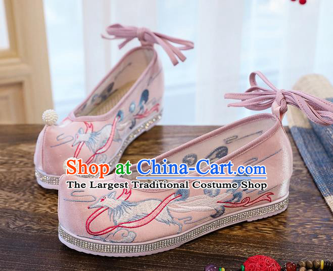China Traditional Ming Dynasty Princess Bow Shoes Embroidered Pink Cloth Shoes Handmade Hanfu Pearl Shoes