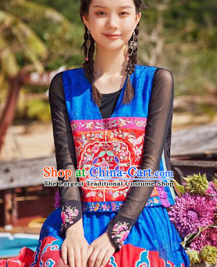 China National Embroidered Blue Vest Traditional Waistcoat Clothing Tang Suit Upper Outer Garment