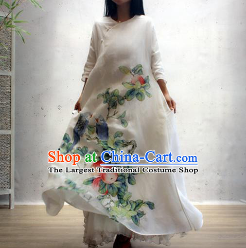 Chinese Traditional Printing Apple White Qipao Dress Woman Costume National Slant Opening Cheongsam