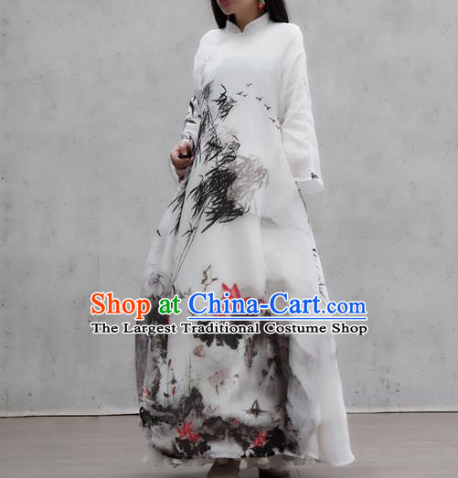 Chinese Traditional Ink Painting Bamboo Lotus Qipao Dress Woman Costume National Tang Suit White Cheongsam