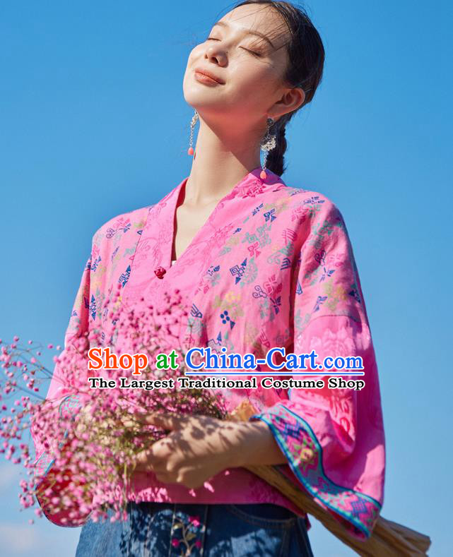 Chinese Tang Suit Embroidered Pink Jacket Traditional National Woman Costume