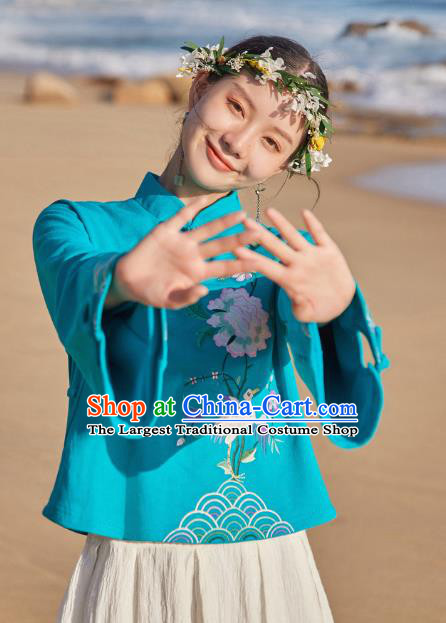 Chinese Traditional National Woman Shirt Costume Tang Suit Embroidered Blue Blouse