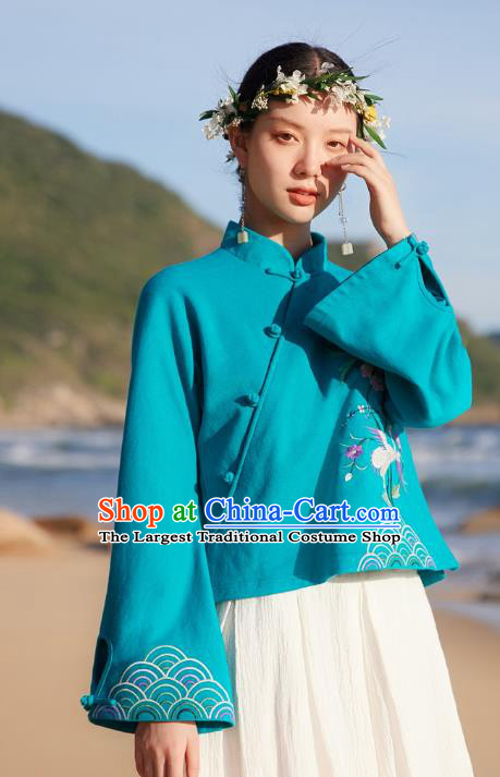 Chinese Traditional National Woman Shirt Costume Tang Suit Embroidered Blue Blouse