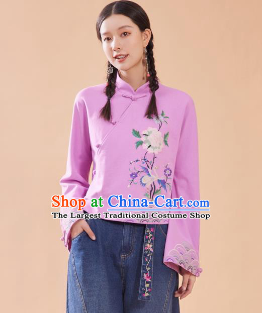 Chinese Traditional Costume Tang Suit Embroidered Pink Blouse National Woman Shirt