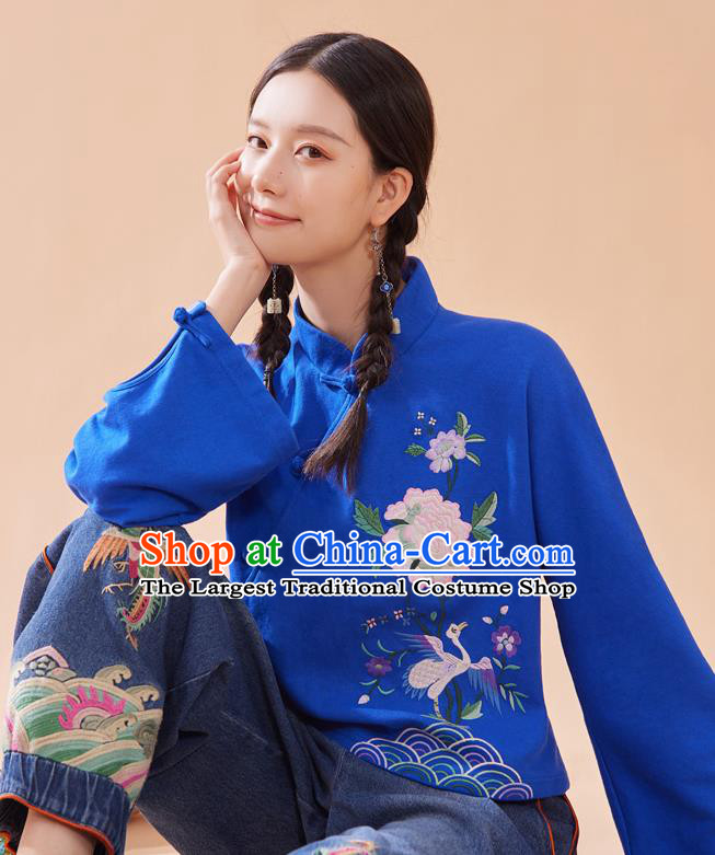 Chinese Tang Suit Embroidered Royalblue Blouse National Woman Shirt Traditional Costume