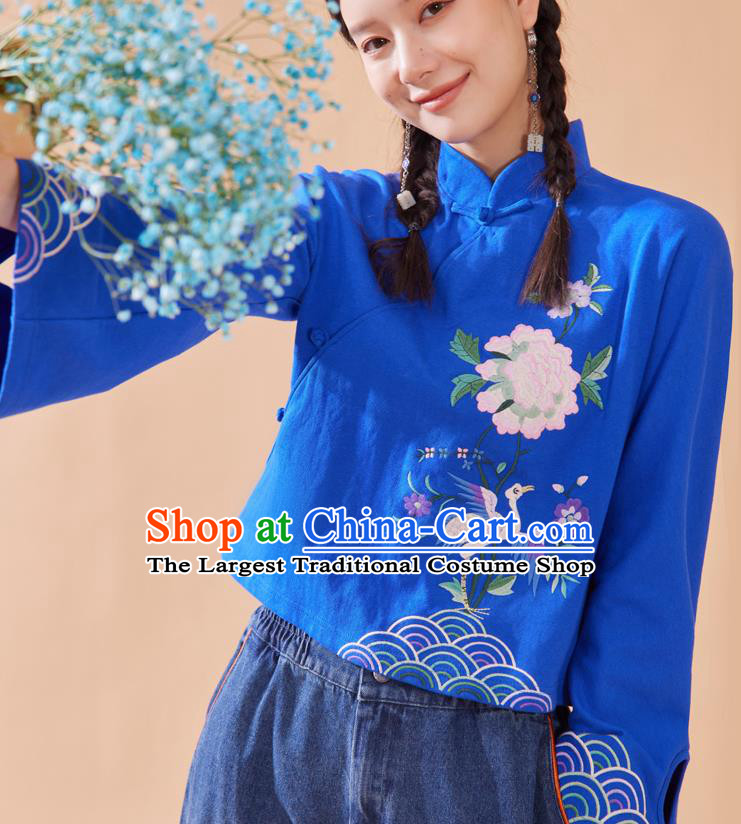 Chinese Tang Suit Embroidered Royalblue Blouse National Woman Shirt Traditional Costume