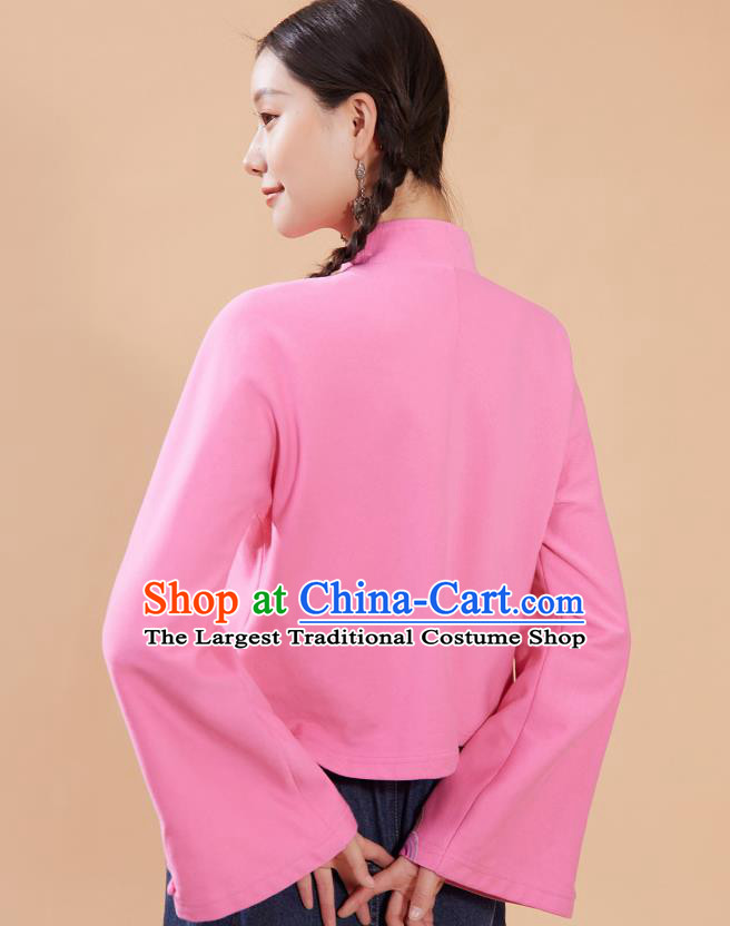 Chinese Traditional Costume Embroidered Pink Blouse National Woman Tang Suit Shirt
