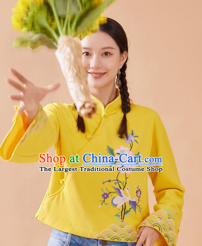 Chinese National Woman Tang Suit Shirt Traditional Costume Embroidered Yellow Blouse