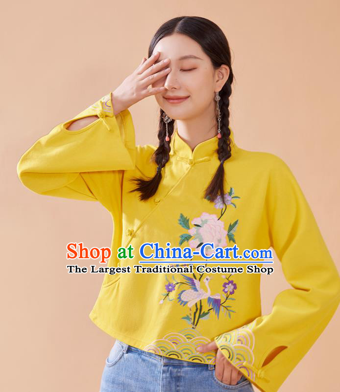 Chinese National Woman Tang Suit Shirt Traditional Costume Embroidered Yellow Blouse