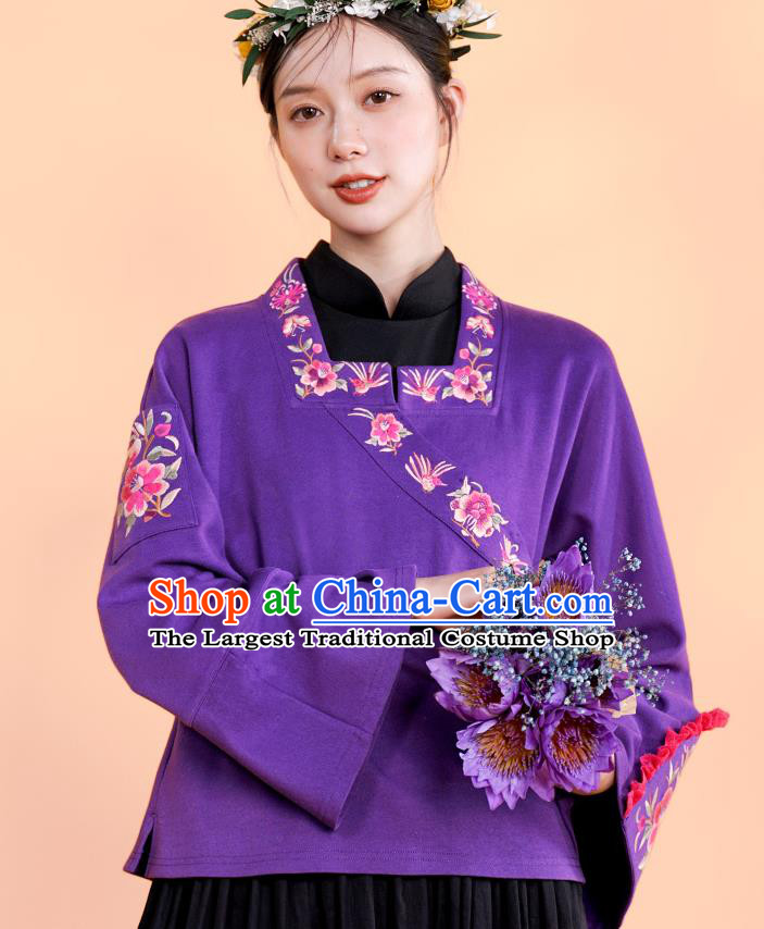 Chinese National Tang Suit Purple Jacket Traditional Woman Costume Embroidered Outer Garment