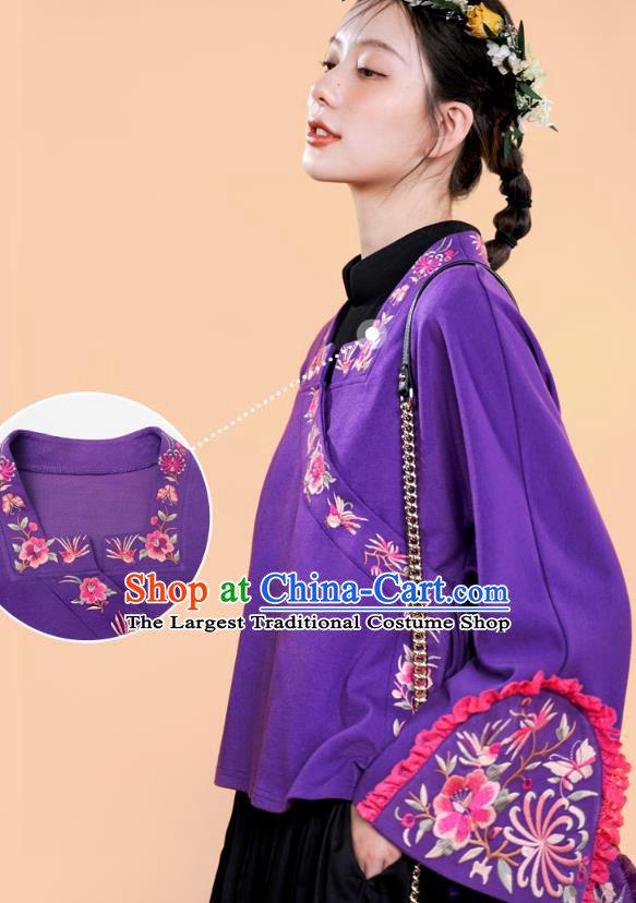 Chinese National Tang Suit Purple Jacket Traditional Woman Costume Embroidered Outer Garment