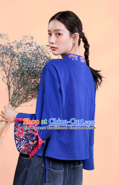 Chinese Embroidered Outer Garment National Tang Suit Deep Blue Jacket Traditional Woman Costume