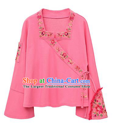 Chinese Traditional Woman Costume Embroidered Outer Garment National Tang Suit Pink Jacket