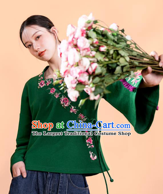Chinese Traditional National Woman Costume Tang Suit Outer Garment Embroidered Deep Green Jacket