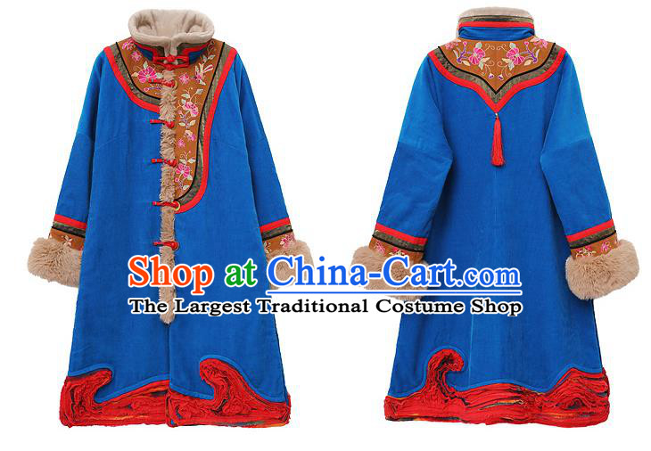 Chinese Traditional National Winter Costume Tang Suit Blue Greatcoat Embroidered Outer Garment