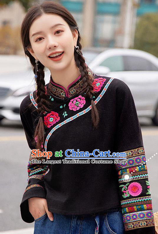 Chinese Traditional National Outer Garment Costume Tang Suit Embroidered Black Jacket