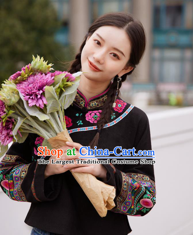 Chinese Traditional National Outer Garment Costume Tang Suit Embroidered Black Jacket