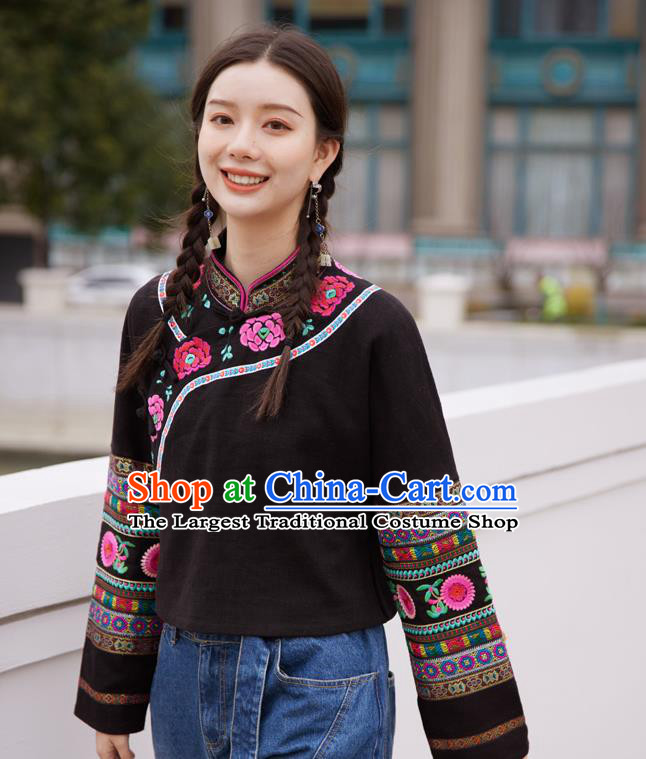 Chinese Traditional National Outer Garment Costume Tang Suit Embroidered Black Jacket