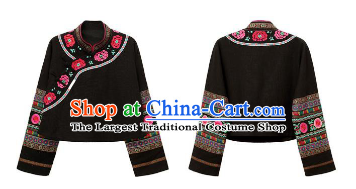 Chinese Traditional National Outer Garment Costume Tang Suit Embroidered Black Jacket
