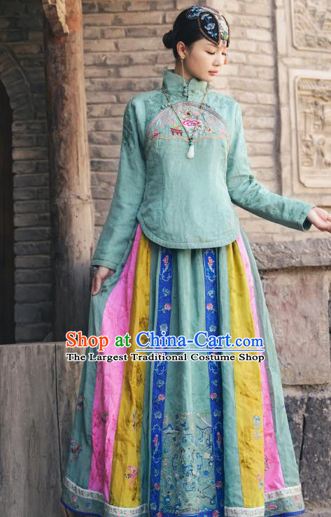 Chinese Embroidered Green Bust Skirt Traditional Ming Dynasty Horse Face Skirt National Woman Tang Suit Costume