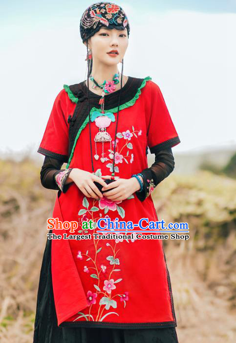 Chinese Traditional National Woman Costume Tang Suit Embroidered Red Long Shirt
