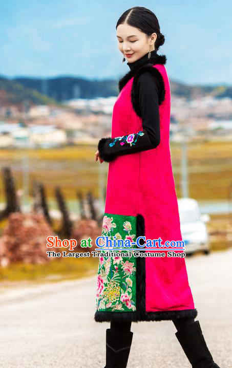 Chinese Embroidered Cotton Wadded Red Qipao Dress Traditional National Winter Cheongsam Costume