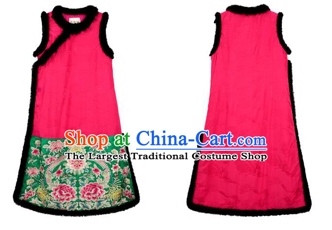 Chinese Embroidered Cotton Wadded Red Qipao Dress Traditional National Winter Cheongsam Costume