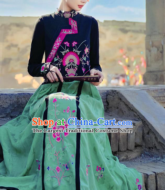Chinese Embroidered Green Vest Dress Traditional National Cheongsam Costume