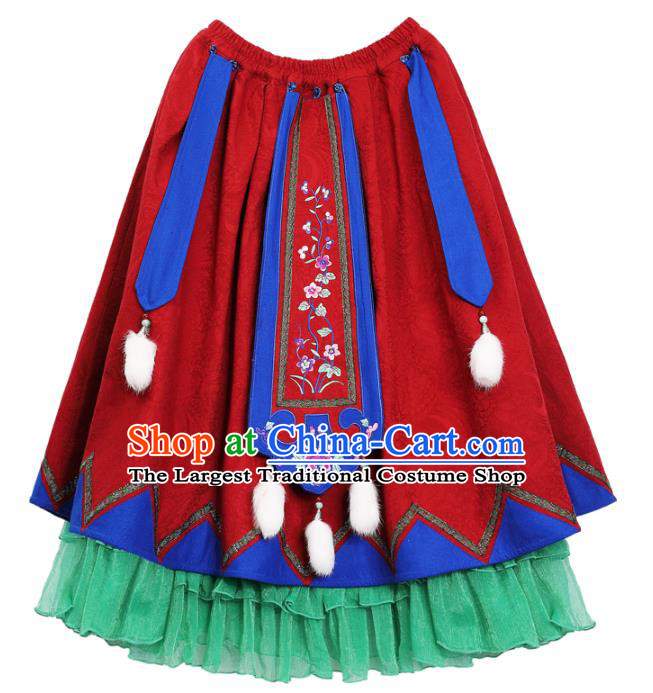 Chinese National Woman Skirt Costume Traditional Embroidered Red Bust Skirt