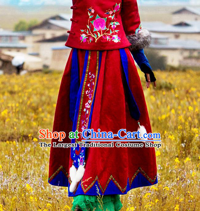 Chinese National Woman Skirt Costume Traditional Embroidered Red Bust Skirt
