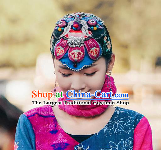China Traditional Folk Dance Embroidered Blue Hair Clasp Handmade National Silver Headwear