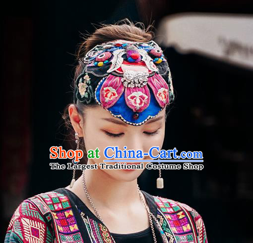 China Traditional Folk Dance Embroidered Blue Hair Clasp Handmade National Silver Headwear
