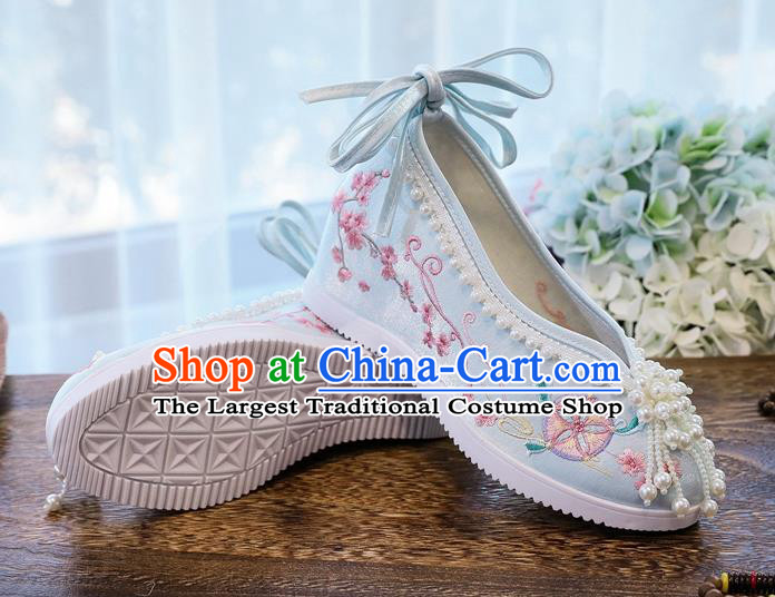 China National Embroidered Shoes Handmade Light Blue Cloth Wedges Shoes Traditional Pearls Tassel Shoes